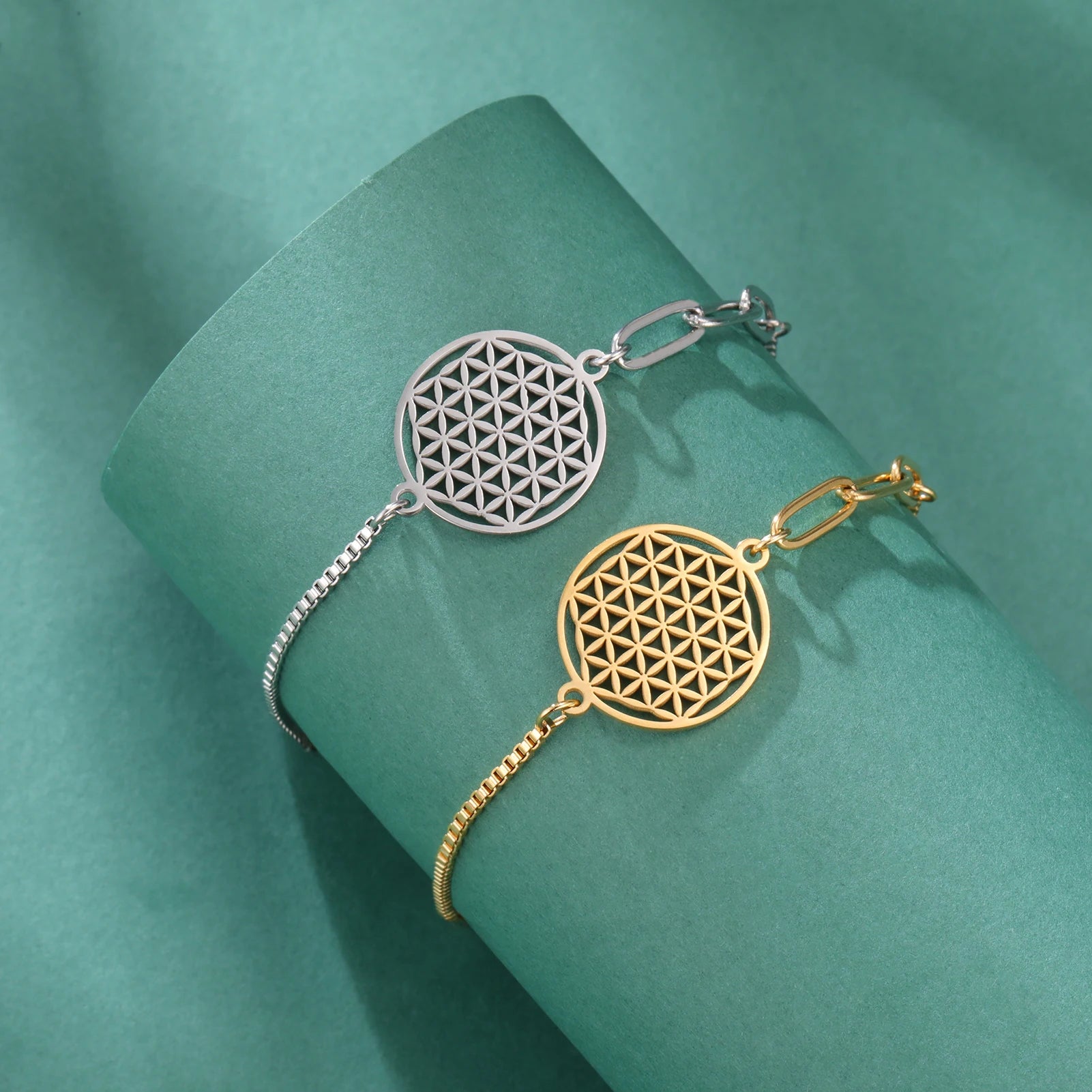 Stainless Steel Vintage Flower of Life Charms Bracelet