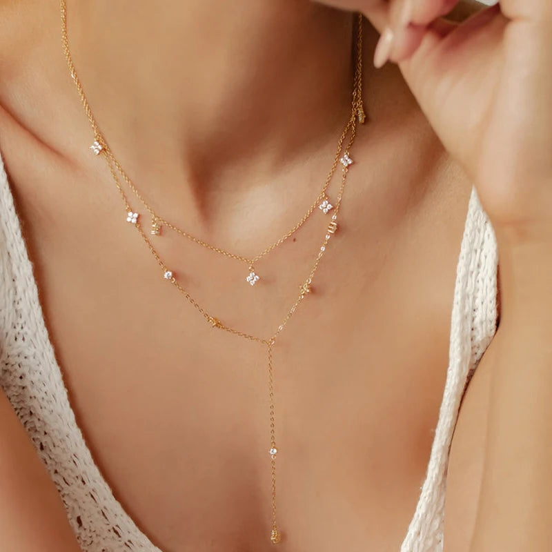 Long Tassel Pendant Necklace 925 Silver Four Clover Flower Y Chain Necklace