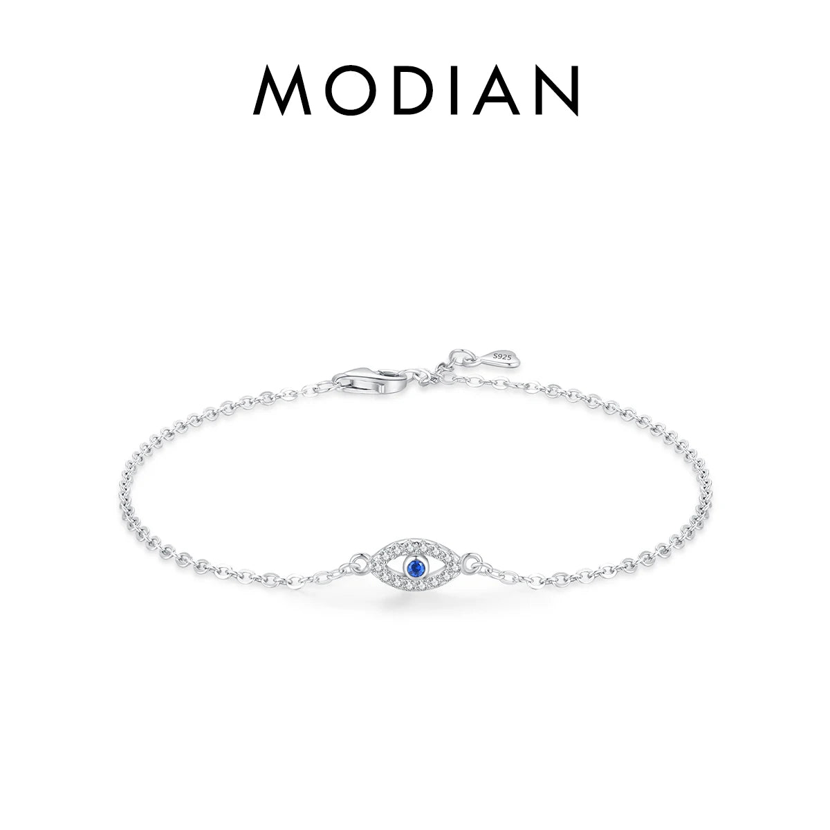 925 Sterling Silver Luxury Turquoise Blue Eyes Clear Cubic Zircon Crystal Link Chain Bracelet