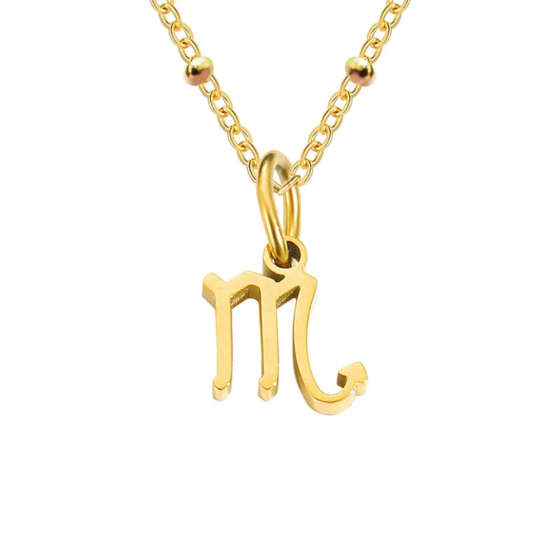 Stainless Steel  Classic Zodiac Gold Color Beads Chain Necklace