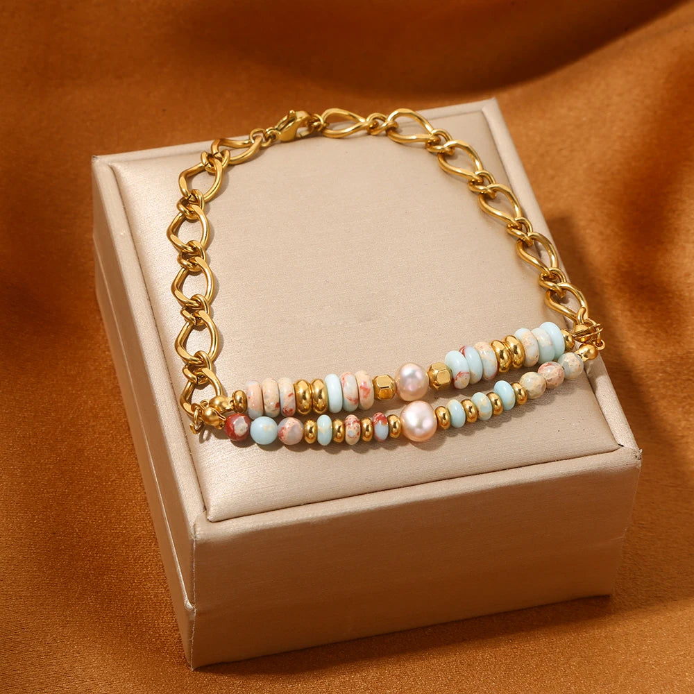 Stainless Steel Bohemian Style Natural Stone Imitation Pearl Bracelet