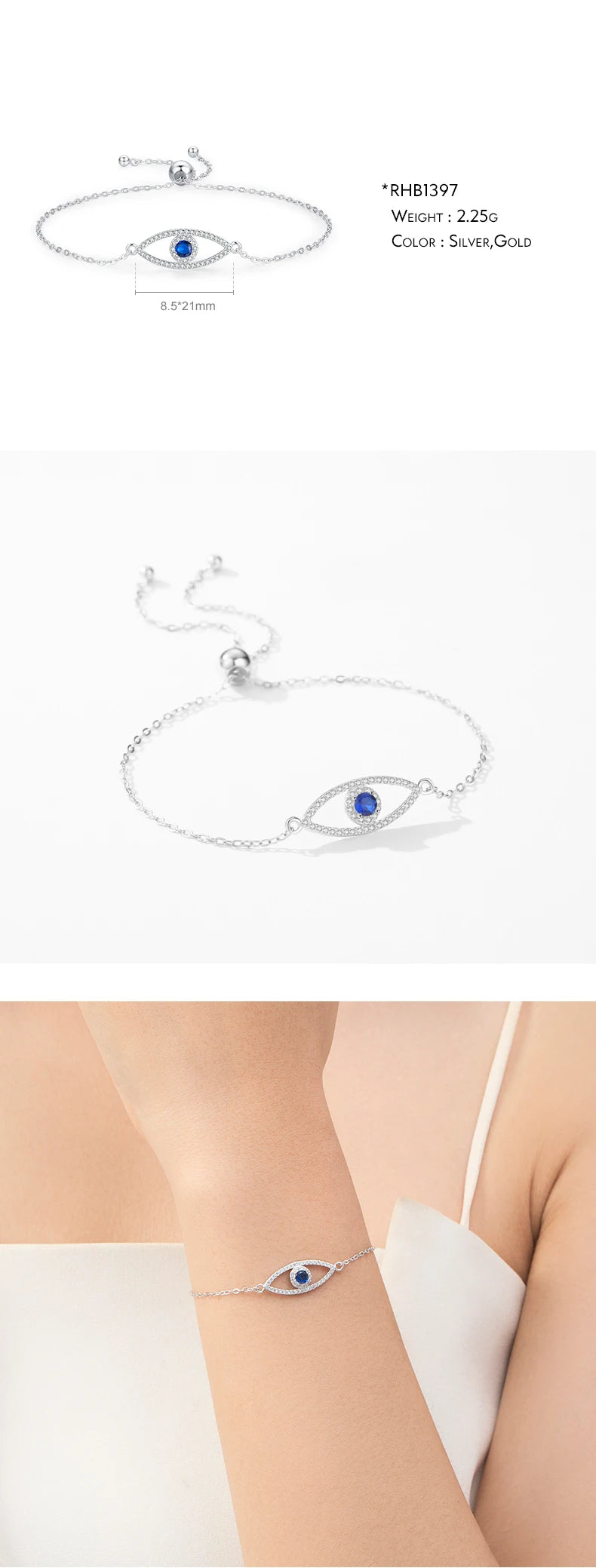 925 Sterling Silver Luxury Turquoise Blue Eyes Clear Cubic Zircon Crystal Link Chain Bracelet