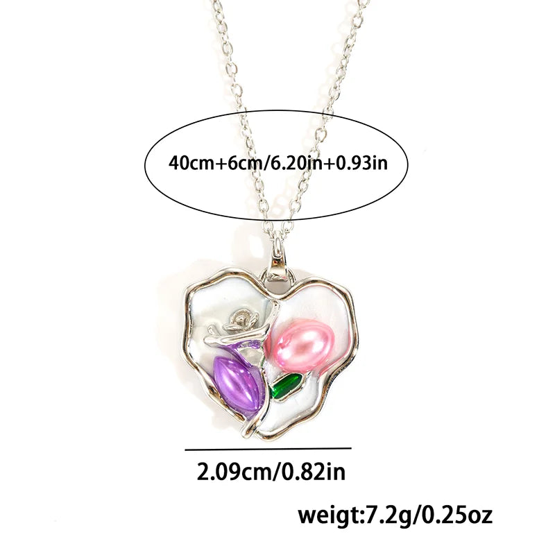 Stainless Steel Colorful Drop Oil Flower Heart Necklace