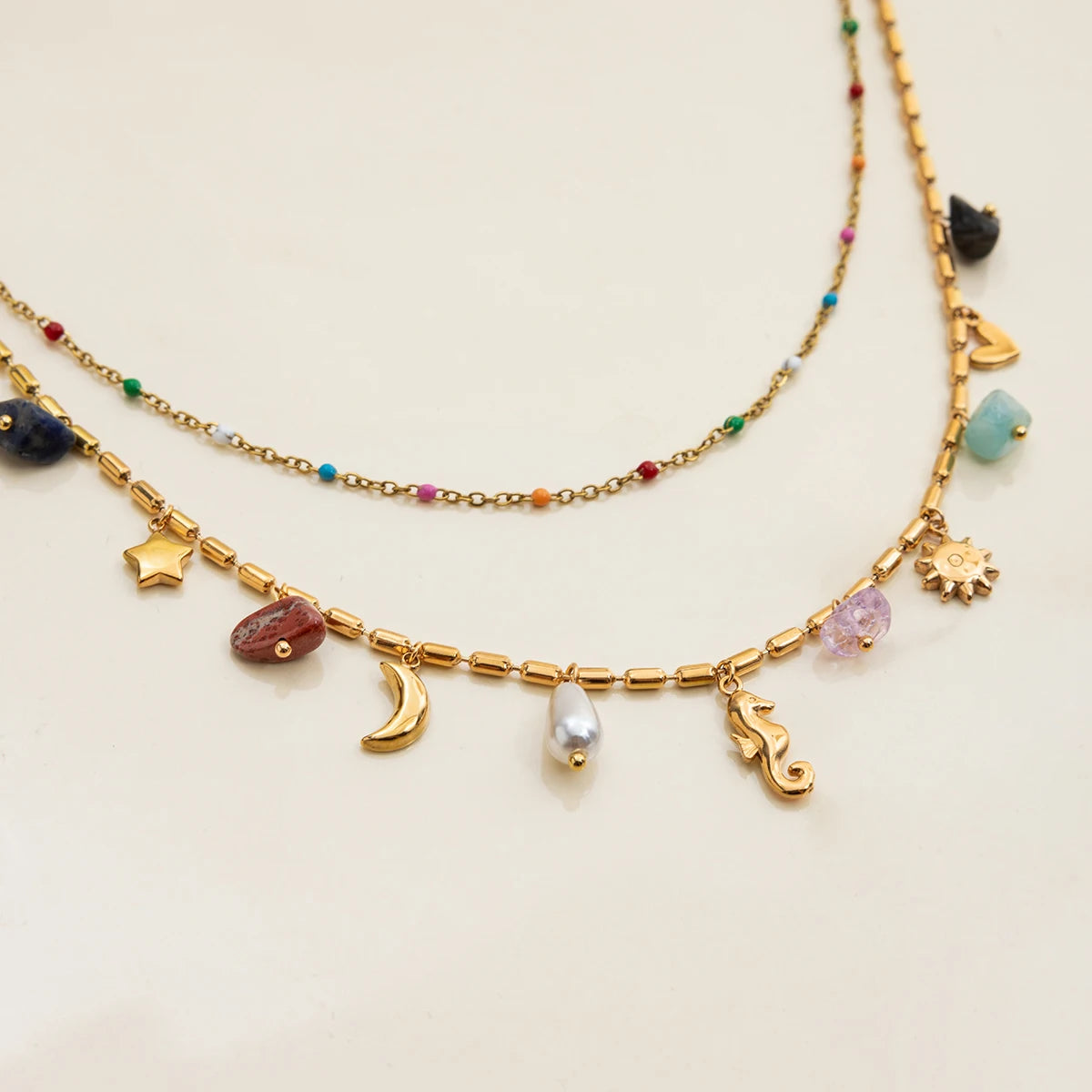Vacation Style 18K Gold Color Plated Stainless Steel Natural Color Stone Pendant Necklace