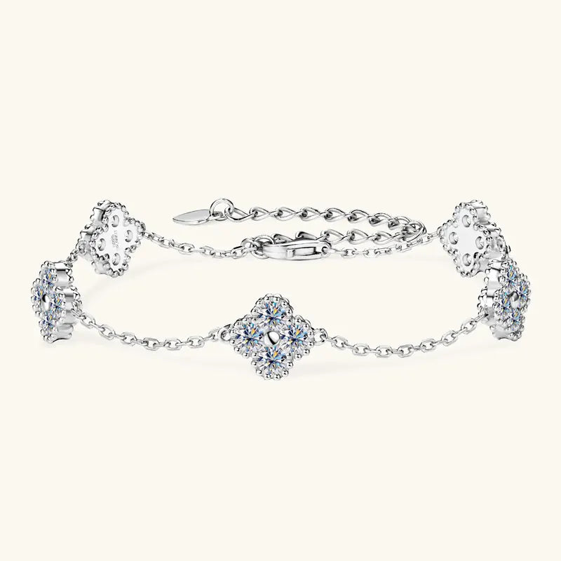 925 Silver Flower Clover Bracelet Moissanite 3mm - 18k Gold Plated