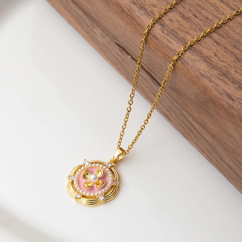 Stainless Steel Colorful Drop Oil Flower Heart Necklace