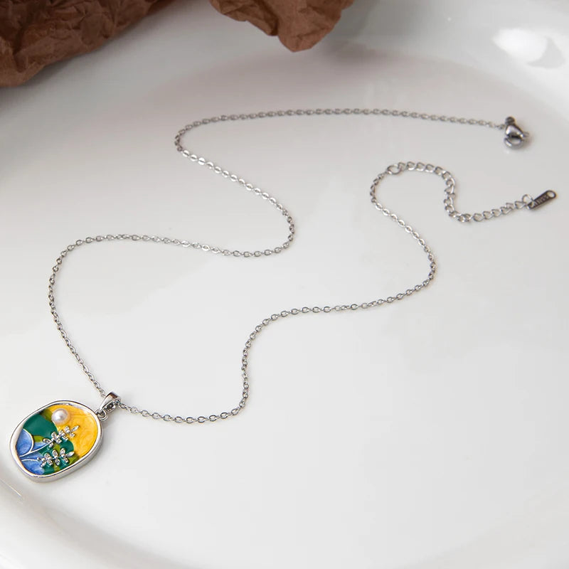 Stainless Steel Colorful Drop Oil Flower Heart Necklace