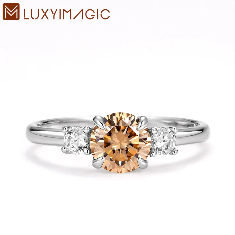 Luxyimagic 1.2CT Champagne Moissanite Set Ring for Women Real 925 Sterling Silver Jewelry
