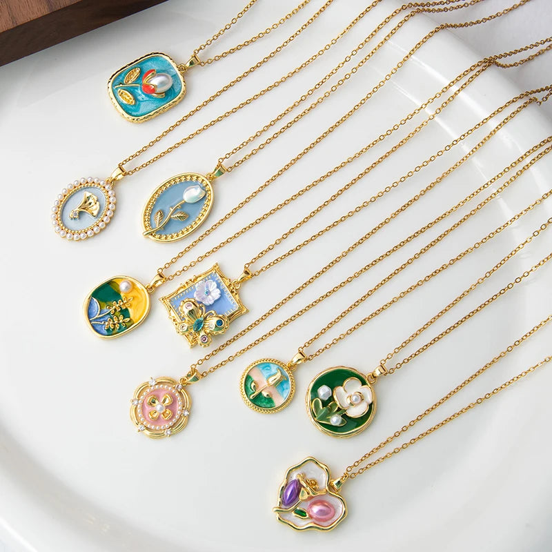 Stainless Steel Colorful Drop Oil Flower Heart Necklace