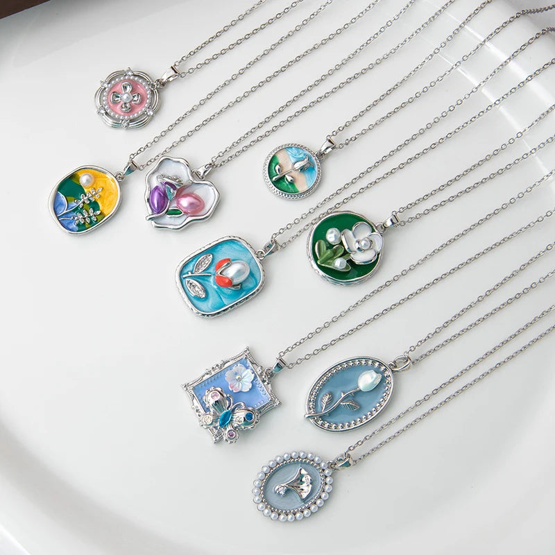 Stainless Steel Colorful Drop Oil Flower Heart Necklace