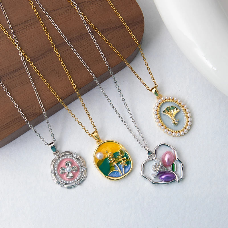 Stainless Steel Colorful Drop Oil Flower Heart Necklace