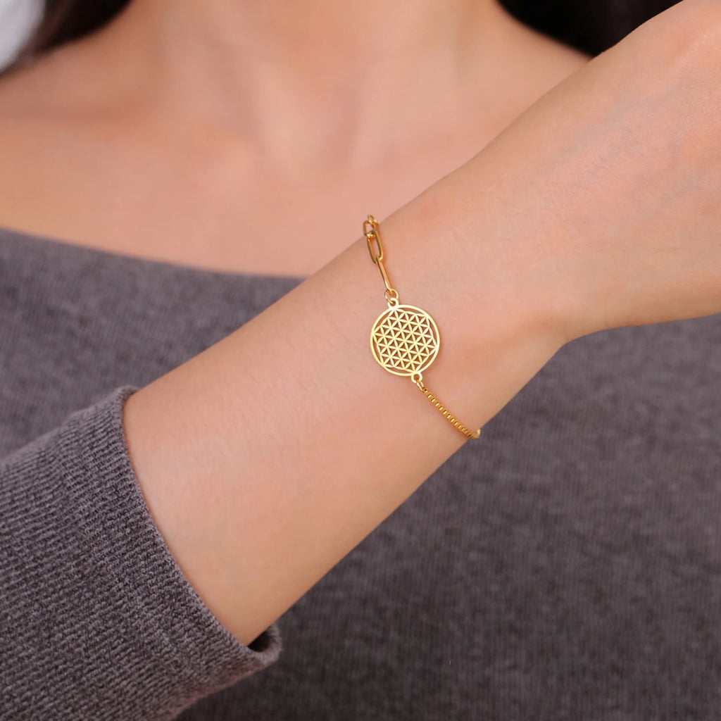 Stainless Steel Vintage Flower of Life Charms Bracelet