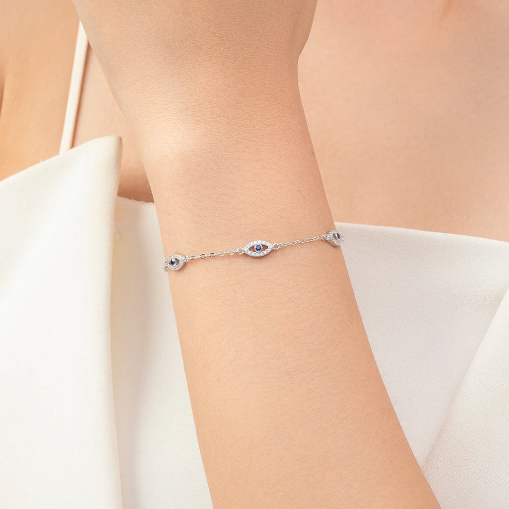 925 Sterling Silver Luxury Turquoise Blue Eyes Clear Cubic Zircon Crystal Link Chain Bracelet