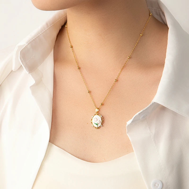 Stainless Steel Colorful Drop Oil Flower Heart Necklace