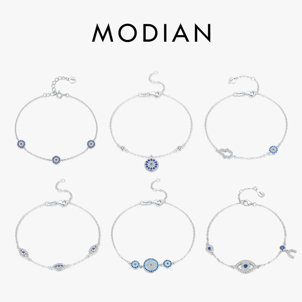 925 Sterling Silver Luxury Turquoise Blue Eyes Clear Cubic Zircon Crystal Link Chain Bracelet
