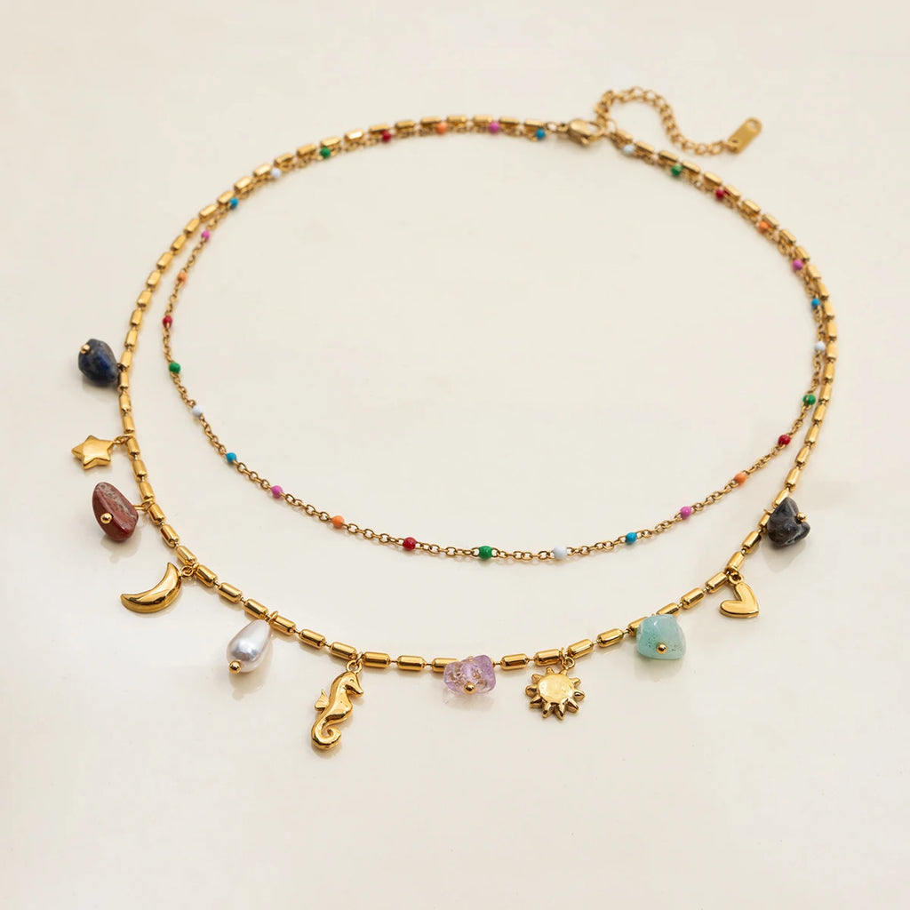Vacation Style 18K Gold Color Plated Stainless Steel Natural Color Stone Pendant Necklace
