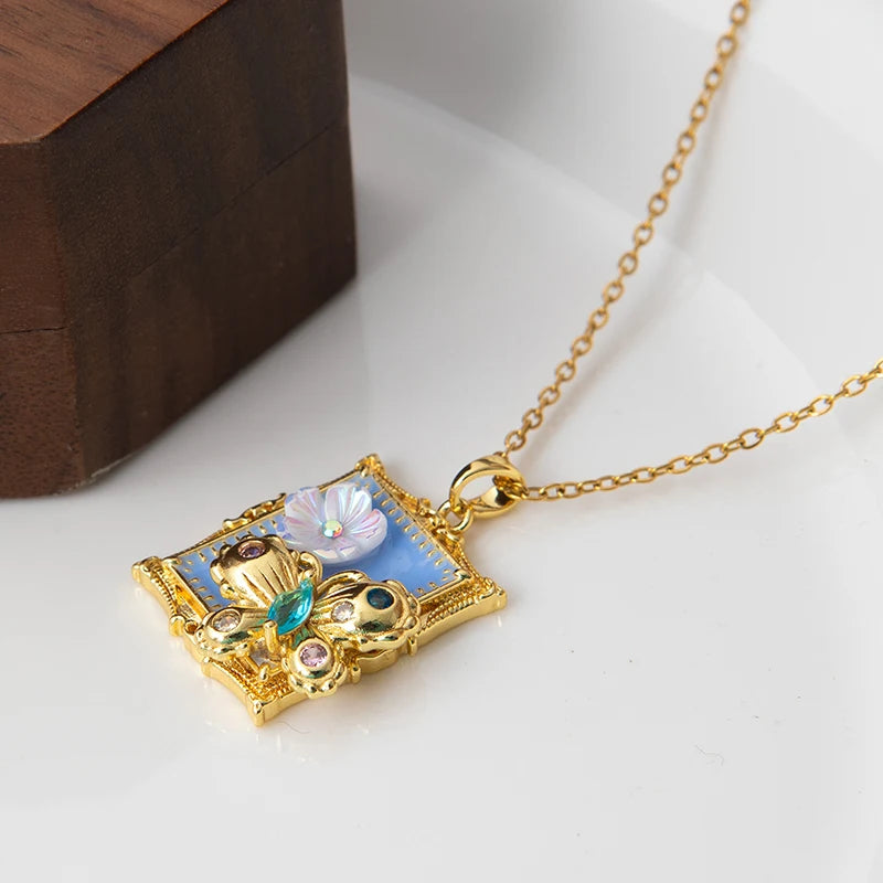 Stainless Steel Colorful Drop Oil Flower Heart Necklace