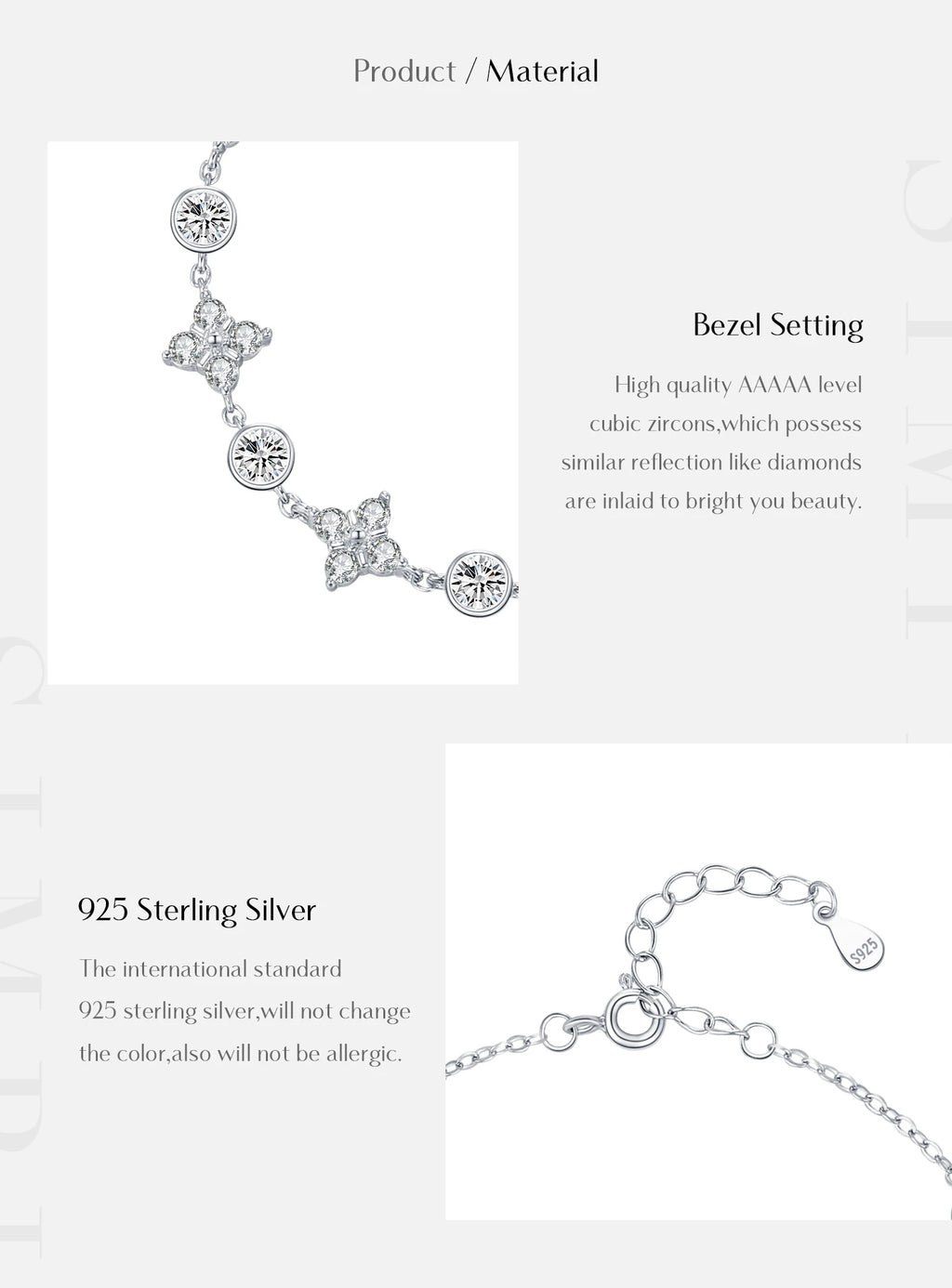 925 Sterling Silver Exquisite Dazzling Lucky Four-Leaf Clover Clear Zirconia Charm Bracelet