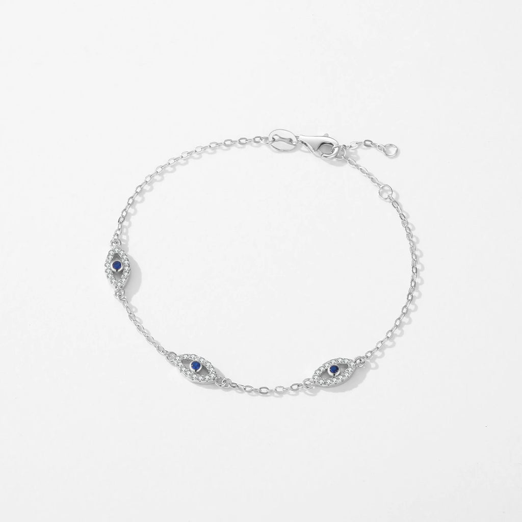 925 Sterling Silver Luxury Turquoise Blue Eyes Clear Cubic Zircon Crystal Link Chain Bracelet