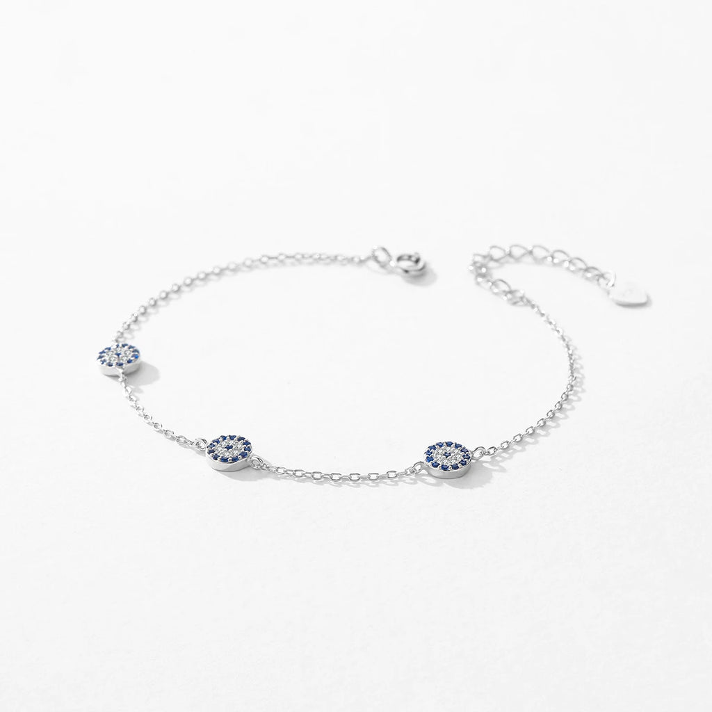 925 Sterling Silver Luxury Turquoise Blue Eyes Clear Cubic Zircon Crystal Link Chain Bracelet