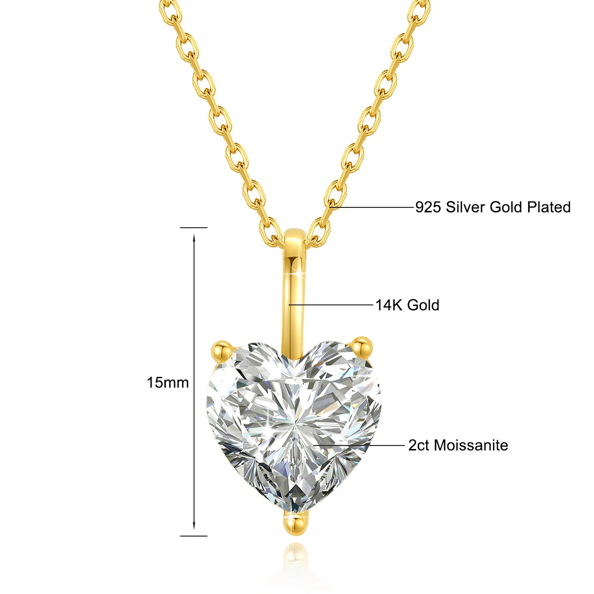 Genuine 14K Gold Heart Moissanite Necklace 1CT/2CT/3CT AU585 Pendant Classic