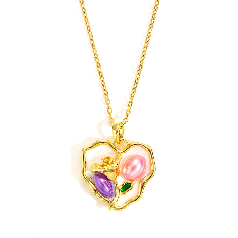 Stainless Steel Colorful Drop Oil Flower Heart Necklace