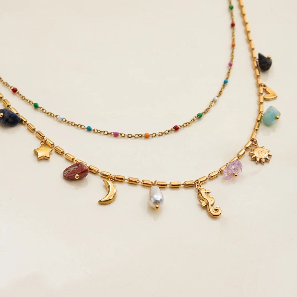Vacation Style 18K Gold Color Plated Stainless Steel Natural Color Stone Pendant Necklace